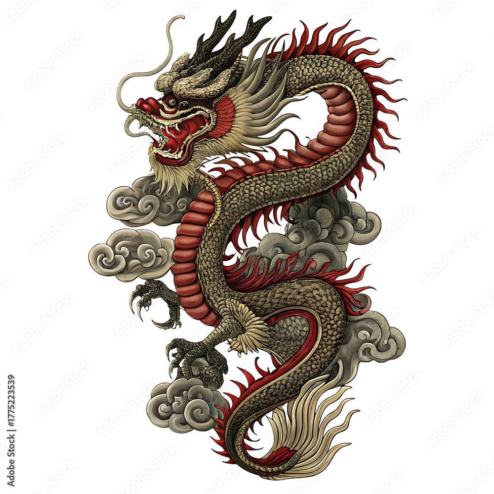 Obraz premium Chinese Dragon Emerging from Stylized Clouds on Background oriental dragon isolated on a transparent background