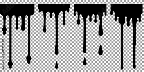 A collection of black dripping paint effects is presented on a transparent, checkered background. The image is composed of several horizontal bars from which paint drips downwards. Each bar has varyin