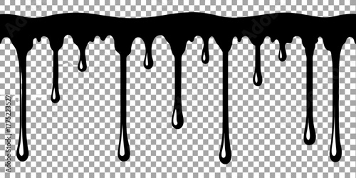 A collection of black dripping paint effects is presented on a transparent, checkered background. The image is composed of several horizontal bars from which paint drips downwards. Each bar has varyin