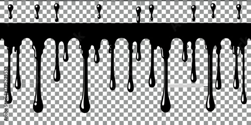 A collection of black dripping paint effects is presented on a transparent, checkered background. The image is composed of several horizontal bars from which paint drips downwards. Each bar has varyin