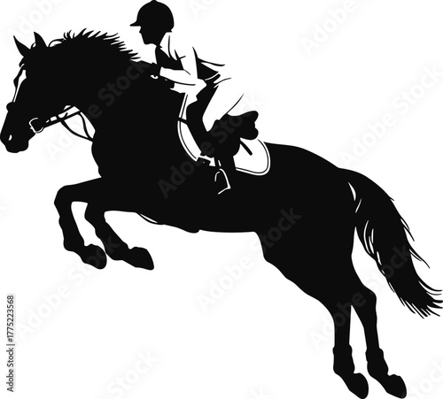 Equestrian, horse jumping, rider silhouette, show jumping, black and white, helmet, dynamic motion, mid-air, sport, leap, action, posture, athletic, horse, rider, jump, silhouet