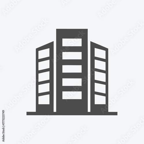 A simplified gray building facade shows three sections with visible window spaces and lines