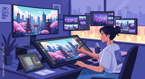 Digital artist creating japanese cityscape on multiple displays with stylus at her studio