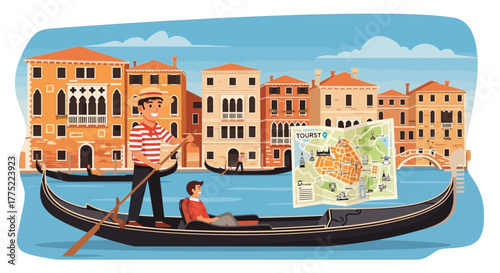 Whimsical gondola ride through venice illustration offering unique travel experience