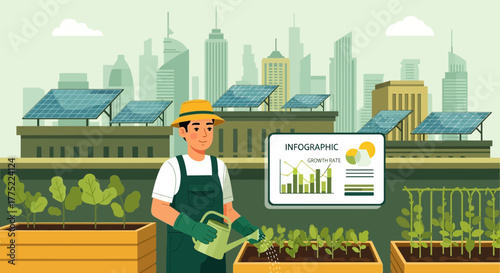 Sustainable urban agriculture: Rooftop garden with solar panels in cityscape