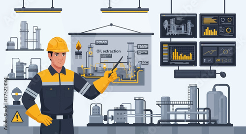 An expert explaining the oil extraction process with diagrams and graphs on screen