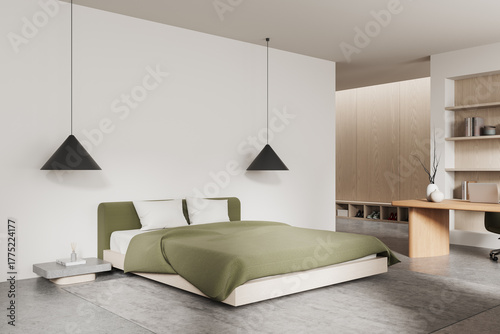 фотографія Modern minimalist bedroom interior with olive green bedding and wood furniture in neutral palette, stylish pendant lighting and built-in shelving unit