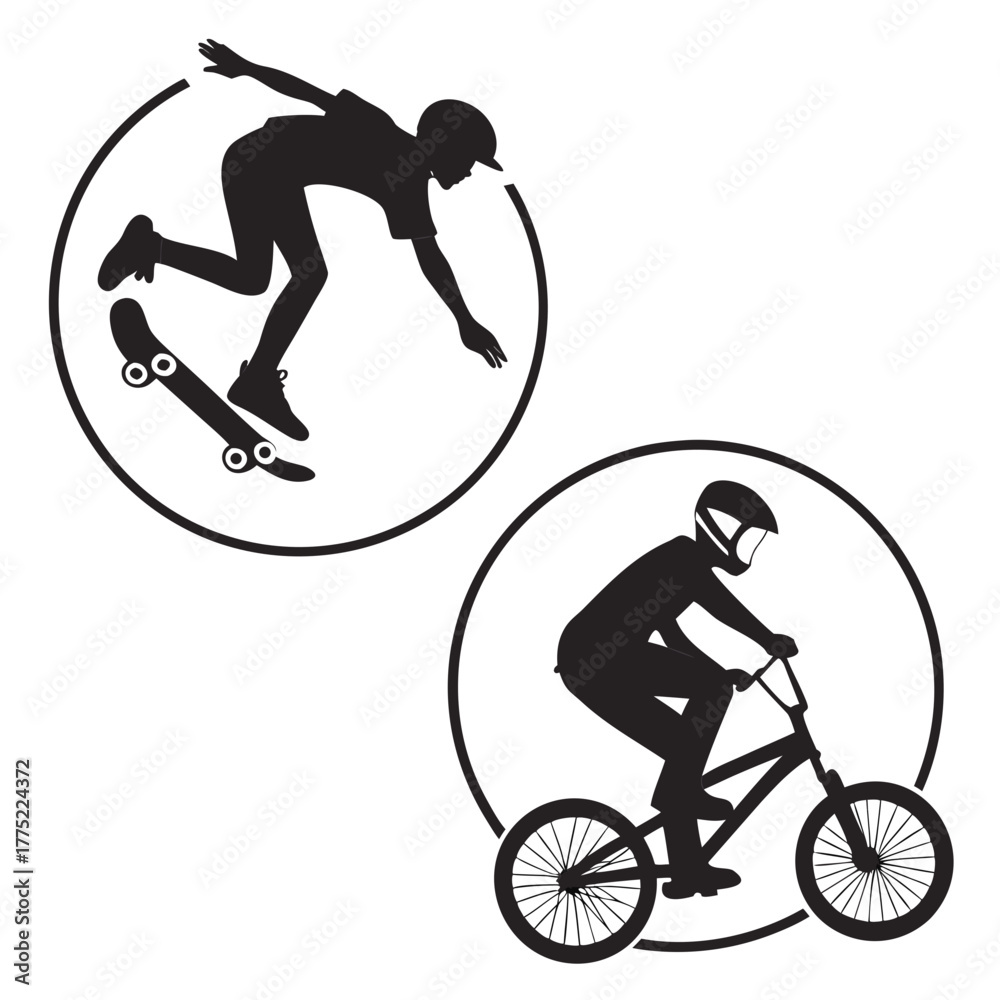 Fototapeta premium Skateboarder and biker in silhouette