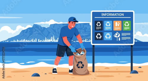 Dedicated volunteer cleans ocean beach, promoting eco-friendly waste sorting practices