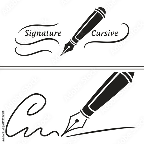 Two fountain pen illustrations with signature and cursive