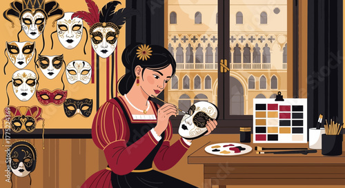 Woman in renaissance dress meticulously painting venetian carnival mask indoors