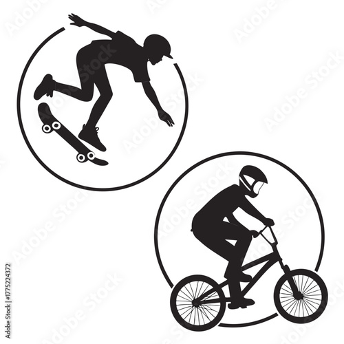 Skateboarder and biker in silhouette