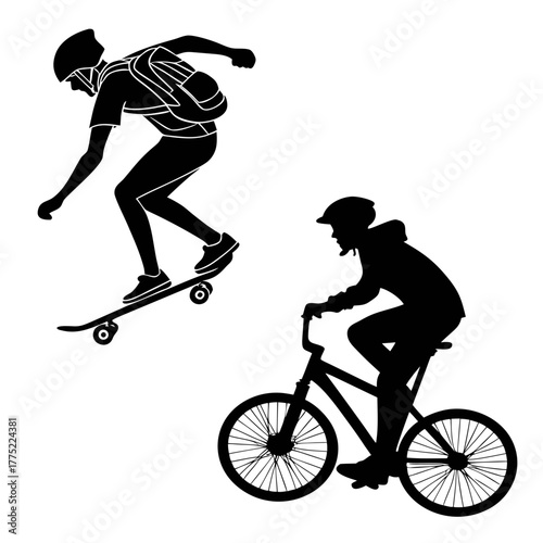 Skateboarder and biker in silhouette