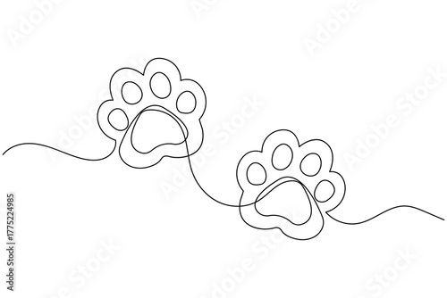 Minimal dog paw trace continuous line drawing isolated on white