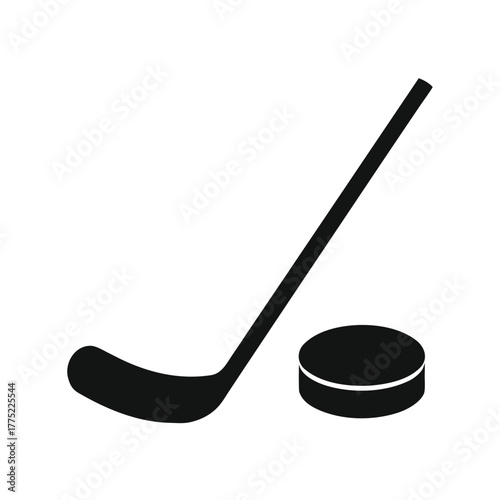 Minimal ice hockey stick and puck silhouette vector design with white background for athletic and game theme  