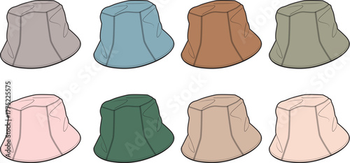 An illustrated array of fashionable bucket hats in various solid colors, presenting a versatile collection of casual headwear perfect for modern style and outdoor activities
