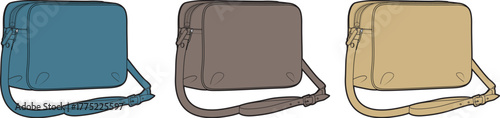 A versatile collection of three modern unisex shoulder bags in blue, brown, and beige. An isolated vector illustration set showcasing stylish travel and messenger bag accessories