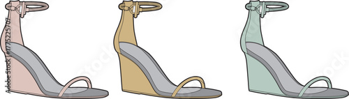 Elegant wedge sandals in three pastel shades blush pink, pale yellow, and mint green, showcasing delicate straps and stylish heels