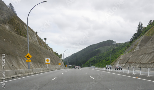 Transmission Gully Motorway. 8% Slope Road sign by the motorway. Wellington Northern Corridor.