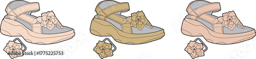 Collection of stylish women's platform sandals, featuring decorative flower accents and adjustable straps, presented in a vector illustration for fashion and apparel concepts