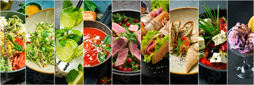 Food collage layout. A variety of dishes, a collection for a restaurant banner. International cuisine. Burger, salad and plates of Italian, Mexican, American cooked meals