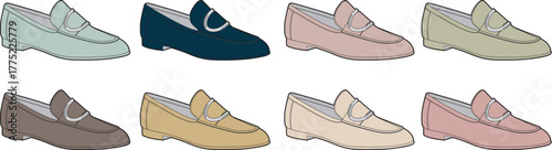 An array of elegant slip-on loafers in a spectrum of sophisticated pastel and earthy tones, ideal for versatile fashion and comfortable daily wear, showcasing diverse design elements