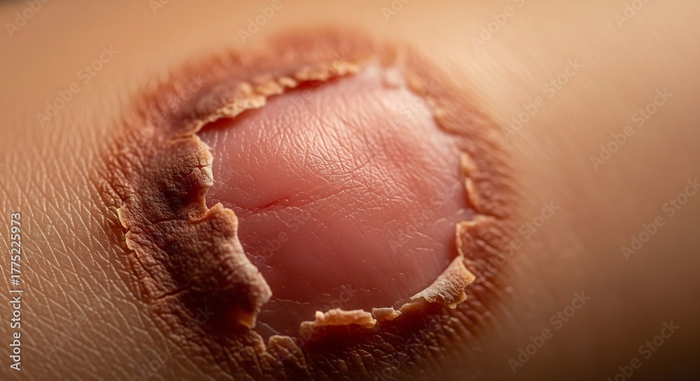 Fototapeta premium A closeup shows a circular peeling wound with a raw pink center surrounded by dry flaking skin