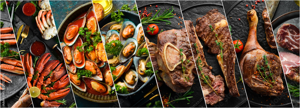 Obraz premium Photo collage: meat, steaks and seafood, photo banner.