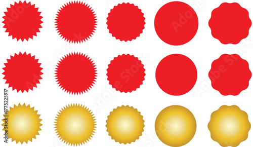Red and Gold Blank Starburst Badges Collection. Round Sunburst Tags Set Pop Up Sticker Vector Illustration.