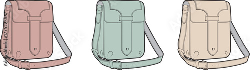 Three fashionable satchel bags in soft pastel colors, presented in a clean, minimalist illustration style