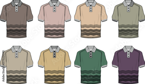 Collection of diverse men's short-sleeve polo shirts with unique wavy pattern accents, presented in multiple vibrant color variations for fashion and apparel design
