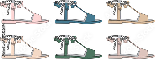 Collection of flat sandal illustrations in various colors, perfect for fashion designs, shopping, and style guides