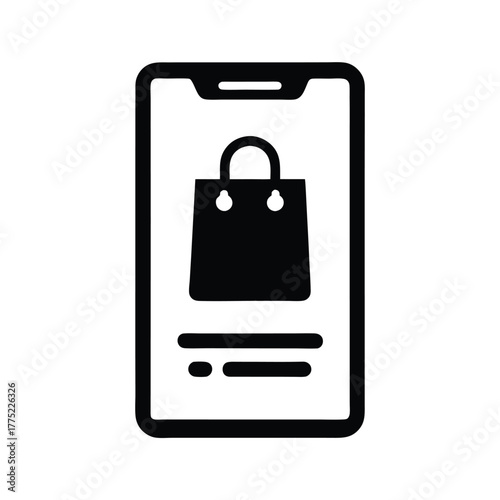 Black shopping bag symbol appears on an outlined smartphone display icon for commerce