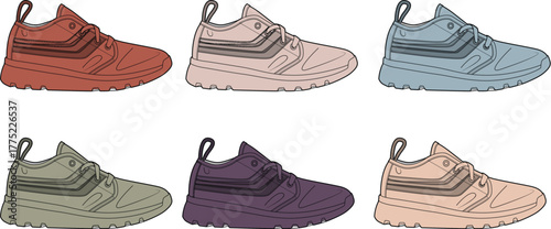 Collection of colorful running shoes in various shades, suitable for sport, exercise, and active lifestyles