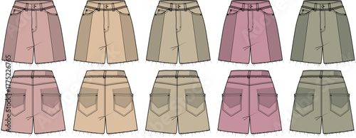 Fashion design technical flat sketches of A-line shorts for women. Garment template showing front and back views in five different color palettes for apparel manufacturing