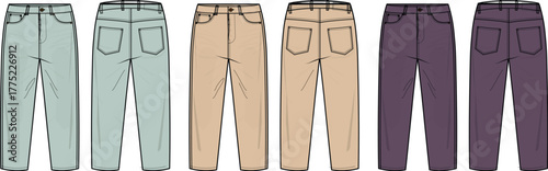 Detailed flat fashion illustrations showcasing a collection of casual trousers in diverse color variations, presented with both front and back views for garment design and apparel development
