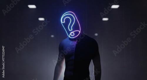 Neon AI Identity Series – Half Shadow Robot with Neon Question Mark Head Symbolizing Digital Consciousness