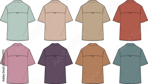 Vector collection of short sleeve casual shirts in multiple colors shown from the back view. Fashion technical flat sketch template for apparel design