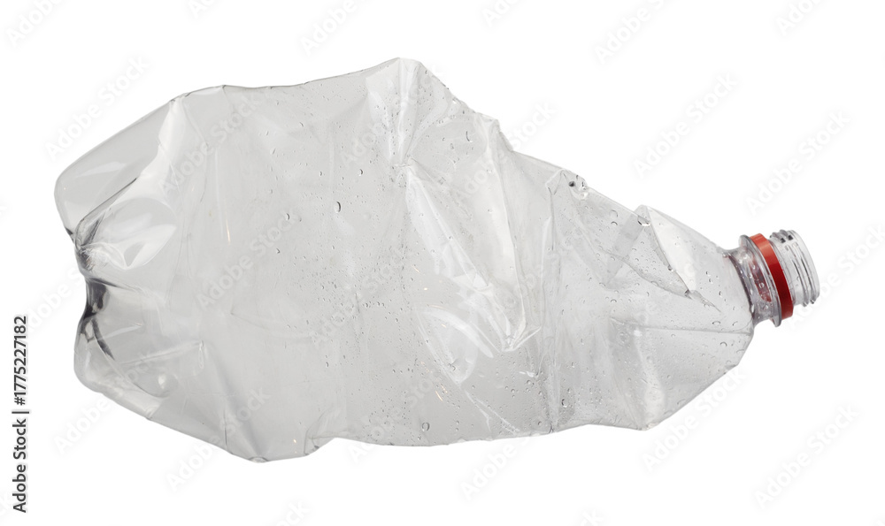 Obraz premium close up used transparent PET plastic water bottle on white background, sustainable environment concept.