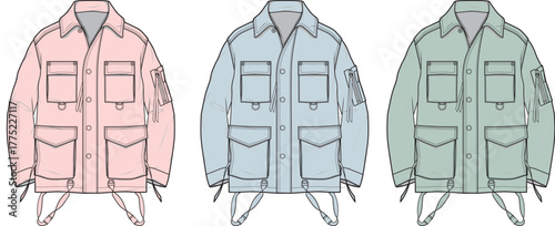 Vector illustration set of a classic military field jacket in various pastel colors. A functional and versatile outerwear concept for apparel design