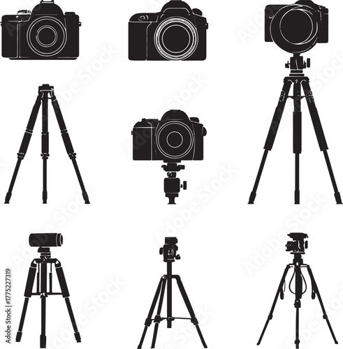 Black silhouette cameras and tripods on white background