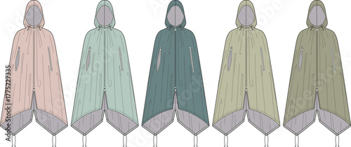 Illustrative collection of modern hooded ponchos in soft pastel colors, offering versatile and stylish protective outerwear for comfortable outdoor adventures and everyday fashion