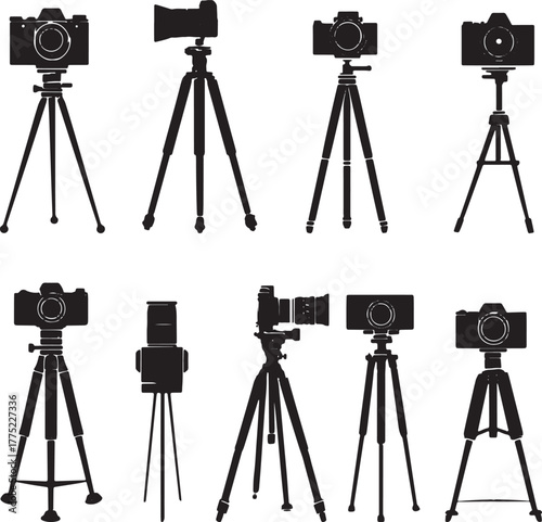 Black silhouette cameras on tripods on white background