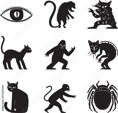 Black Silhouette Collection of Spooky Creatures and Cats