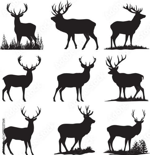 Black Silhouette Collection of Majestic Deer stag buck