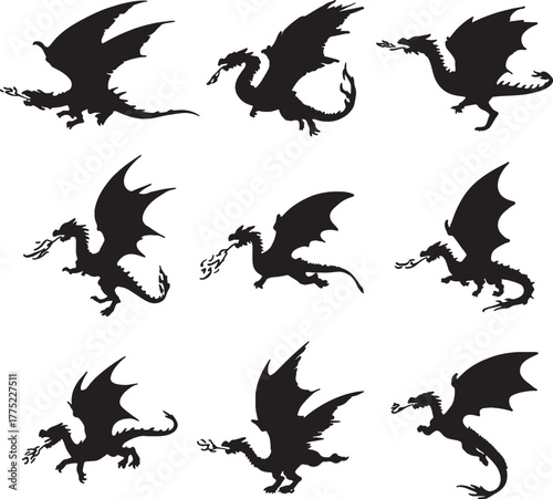 Dynamic Silhouettes of Fire- Breathing Dragons flying