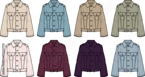 Collection of technical flat fashion sketches showing a classic button-up jacket in a versatile and colorful palette, perfect for apparel design templates