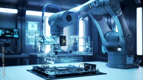 Futuristic Robotic Arm Assembling Advanced Circuit Board in High Tech Lab.