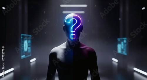 Neon AI Identity Series – Futuristic Silhouette with Glowing Question Mark Face in Digital Data Room