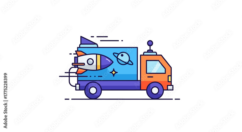 Fototapeta premium Colorful delivery truck with a space exploration theme illustration.
